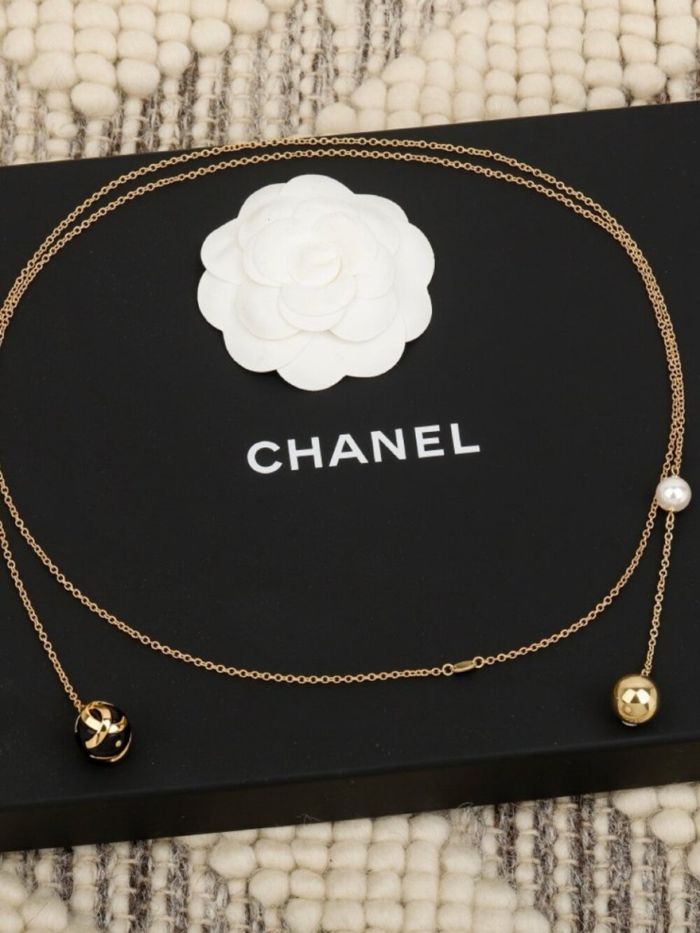 Chanel Gold-Tone Pearl and CC Ball Long Chain Necklace